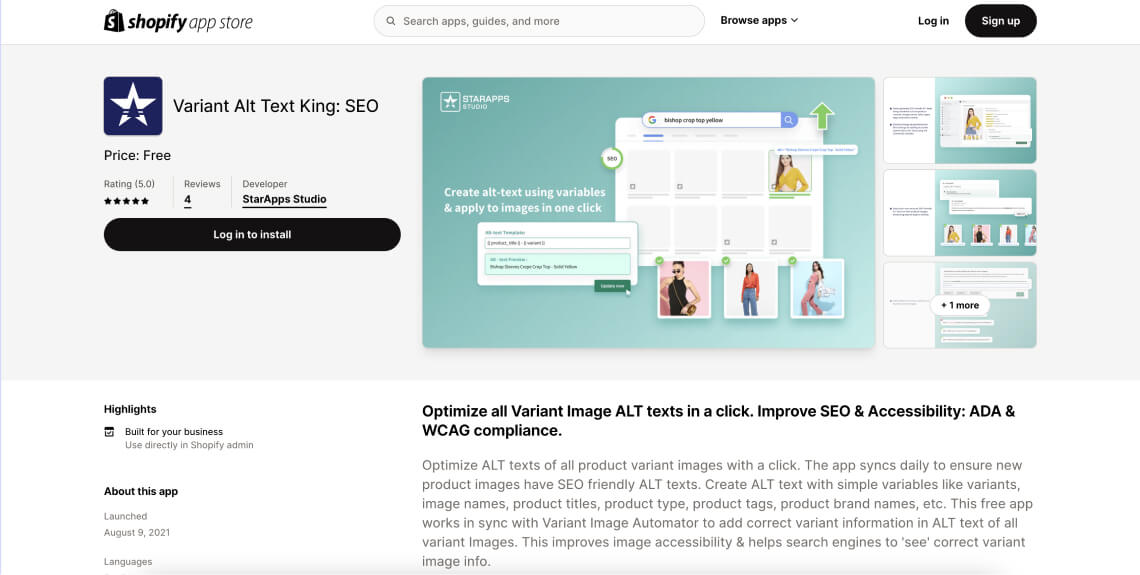 Screenshot of the Alt Text King: SEO app on Shopify's app store.